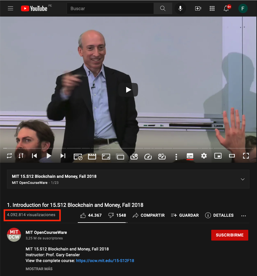 Vista del primer curso en YouTube